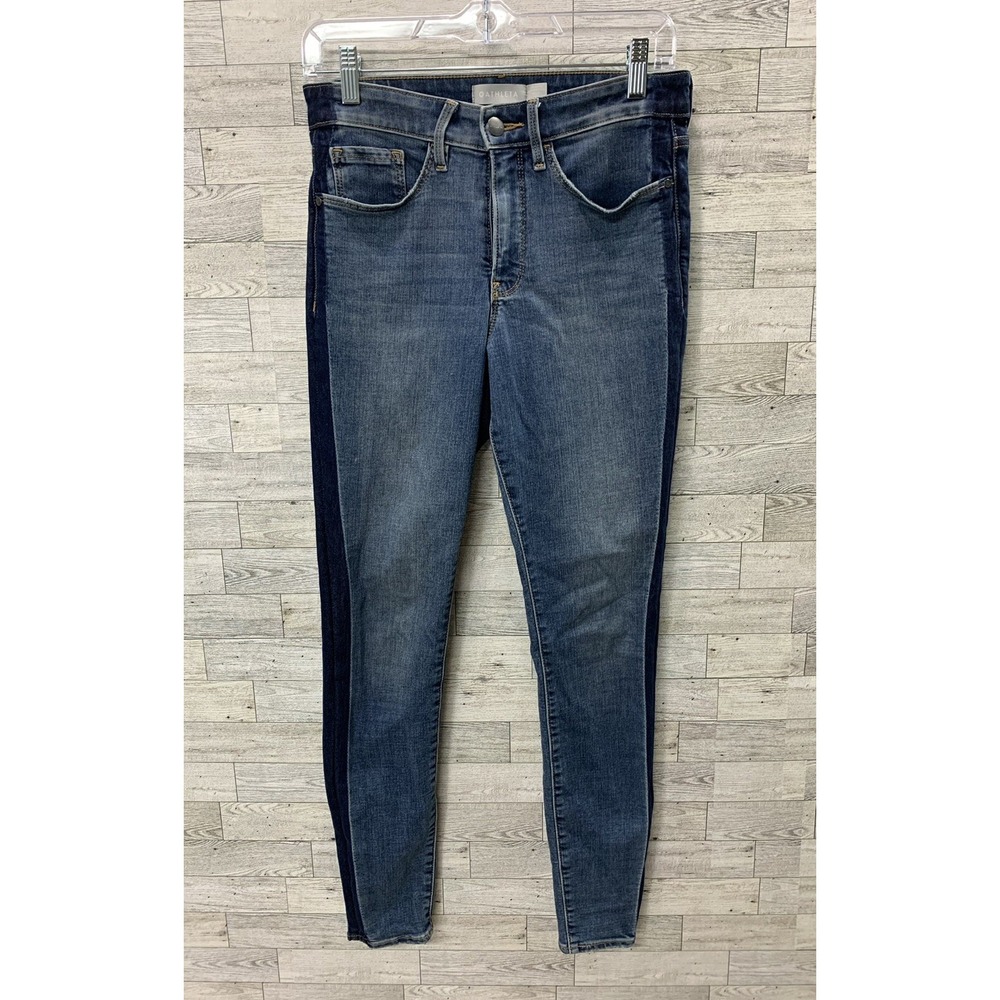 Athleta Jeans 4 Ultra Skinny Mid Rise Blue Indigo Tuxedo Sculptek Stripe Stretch